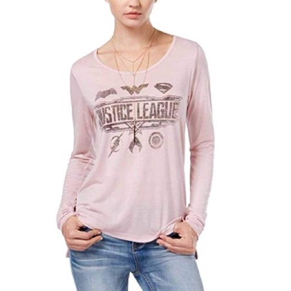 Justice League Long Sleeve Graphic Tee NEW Womens Size Small Pink Comic Heros - Picture 2 of 8